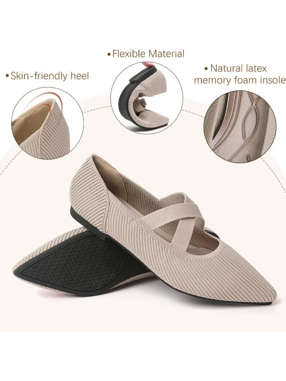 Women's Beige Knit Mary Jane Flats Pointed Toe Comfortable Slip On Dressy Shoes